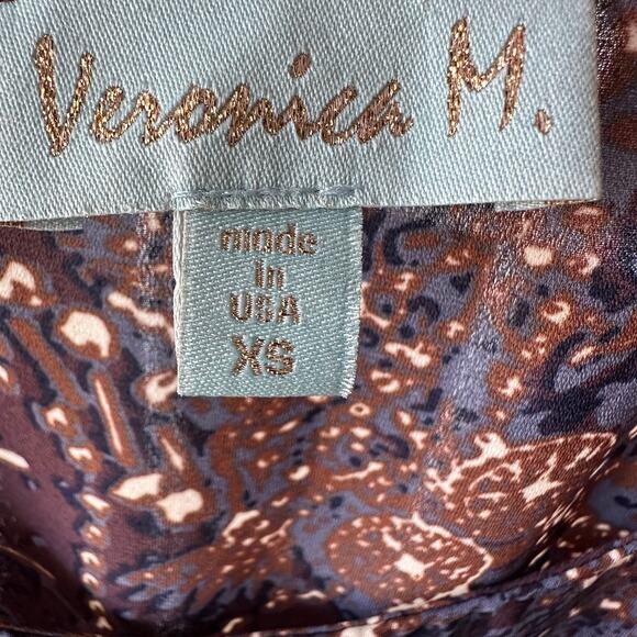 Veronica M Navy Bronze Abstract Print Tie Front Blouse XS Long Sleeve USA Made - Picture 6 of 8